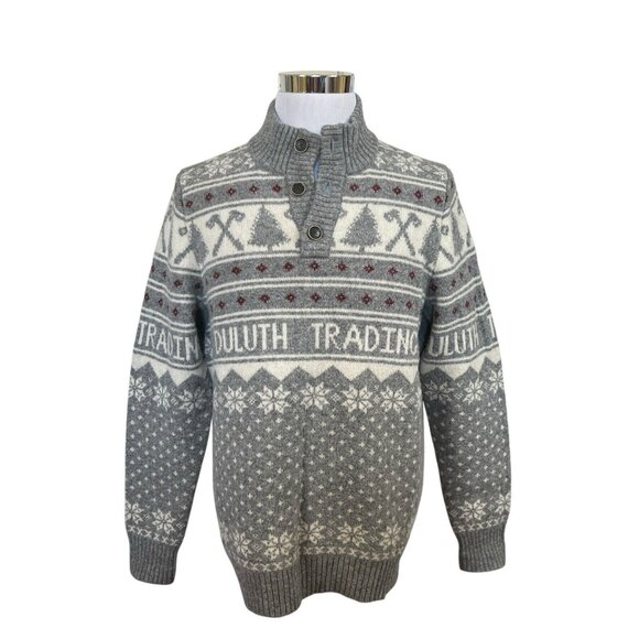 Duluth Trading Mens L Sweater Fair Isle Christmas Shetland Wool Apres Ski Gray - Picture 1 of 6